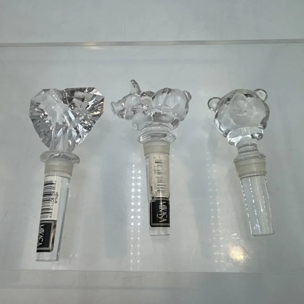 Mikasa Crystal Wine Bottle Stopper Clear Glass Set Of 3 Bear, Pig, Heart